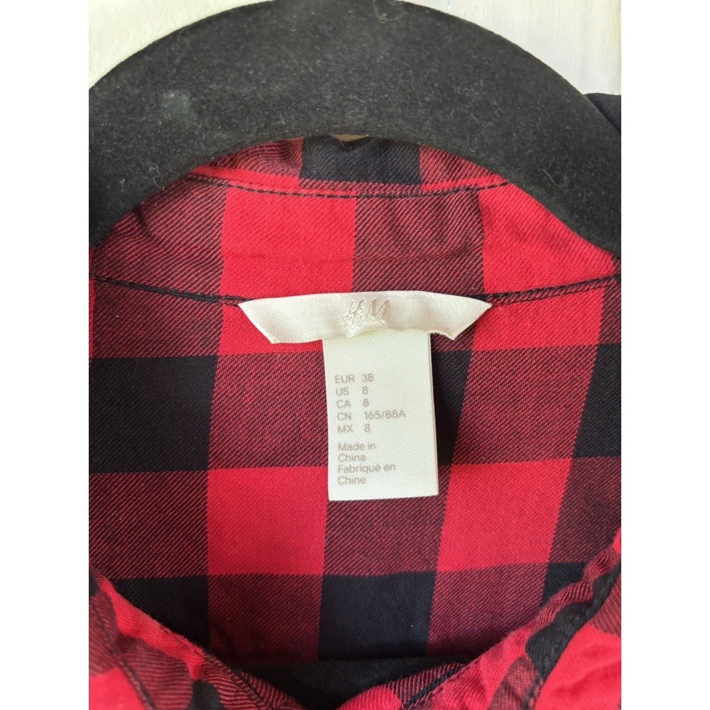 H&M Women's 8 Red Black Check Button Down Long SLV Flannel Cotton Shirt - Picture 2 of 6
